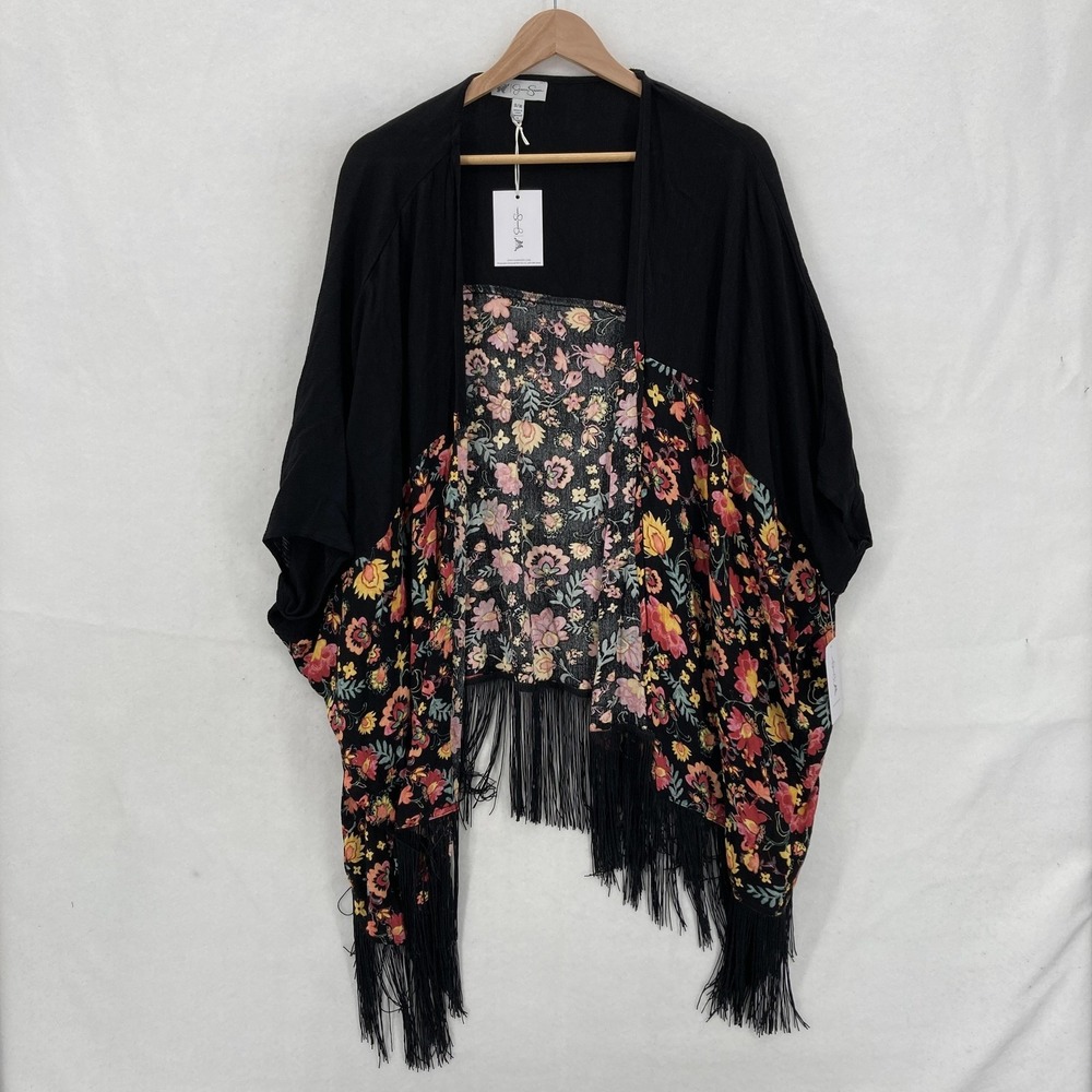 Jessica Simpson Kimono Womens S/M Black Floral Fringe Julia Watercolor Boho NWT